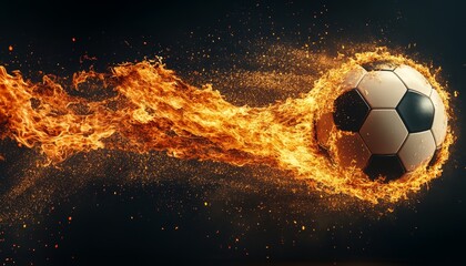 Fototapeta premium Fiery Soccer Ball Dynamic Motion and Energy, with Luminous Flames on Black Background