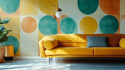 Yellow sofa in mid-century modern living room with geometric wallpaper.
