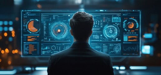 A person observes a futuristic control panel filled with data and graphics.