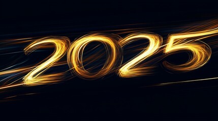 Golden light trails create a vibrant representation of the year 2025 in a dynamic display