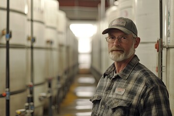 Man in a factory setting, looking at the camera.  A focused worker stands in an industrial facility among large storage tanks..