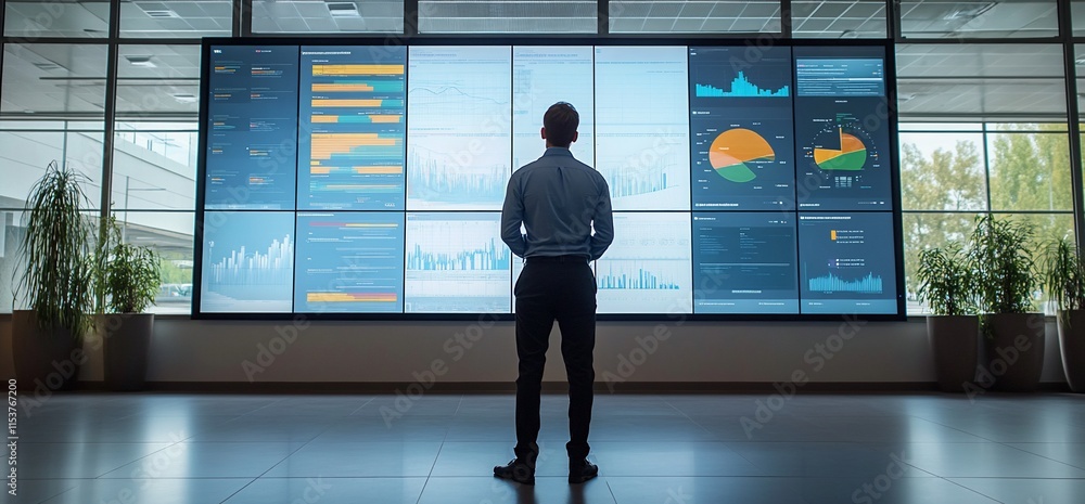 Poster a person observes data visualizations on a large screen in a modern office.