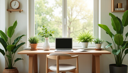 Fototapeta premium Enhance productivity with a serene home office space filled with greenery and natural light in a tranquil setting