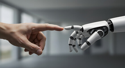 image of a robot's metallic hand and a human hand reaching out to touch each other, symbolizing the harmony between artificial intelligence and humanity