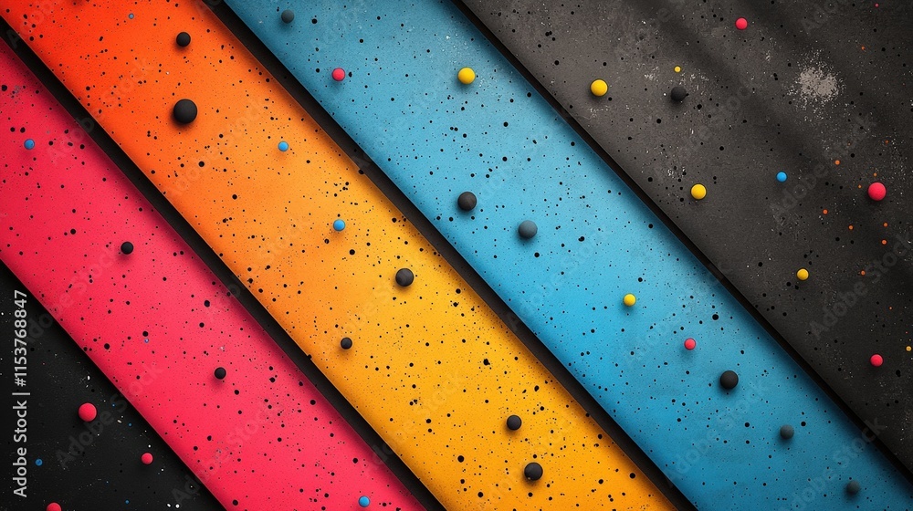 Poster abstract colorful diagonal stripes background with textured surface and scattered spheres.