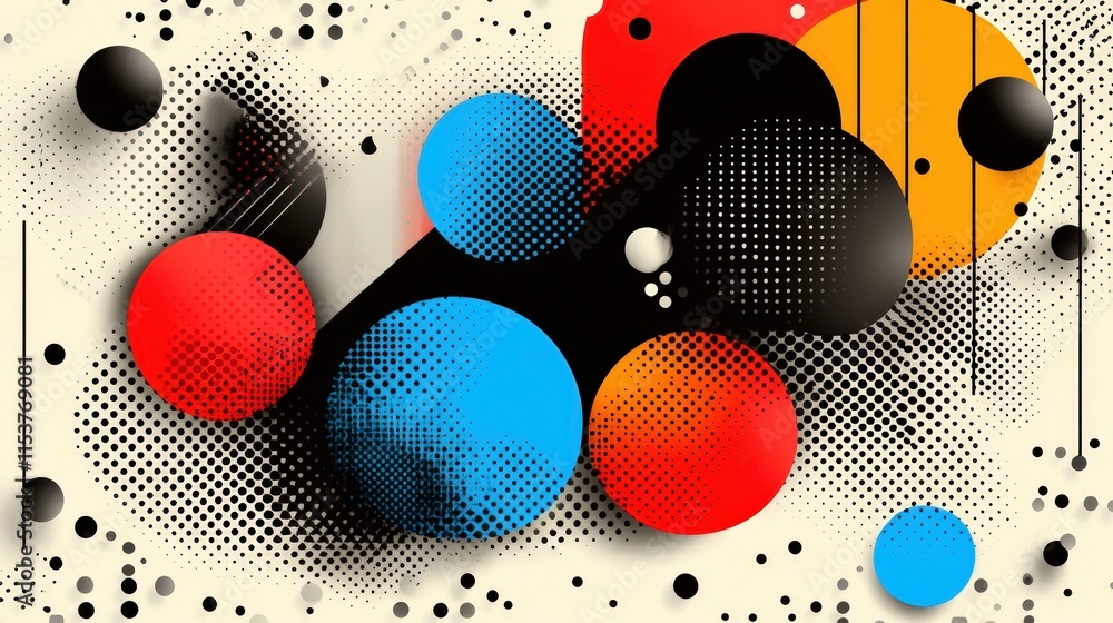 Poster abstract colorful circles with halftone dots on beige background.