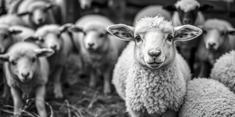 Obraz premium Sad sheep standing in middle of frame, looking at camera with white background, nature, farm, cute