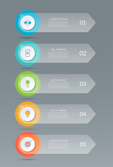 Infographic arrows with glass effect. Vector template with 5 options, steps, parts with place for text and icons.