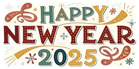 Fototapeta premium Happy New year 2025 text retro style design. Perfect for greetings card, web page, banner, wallpaper, poster, t-shirt design and new year celebrations.