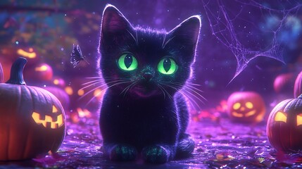 A glowing black cat icon with neon green eyes and shimmering silver fur, surrounded by floating pumpkins and cobwebs over a neon purple surface