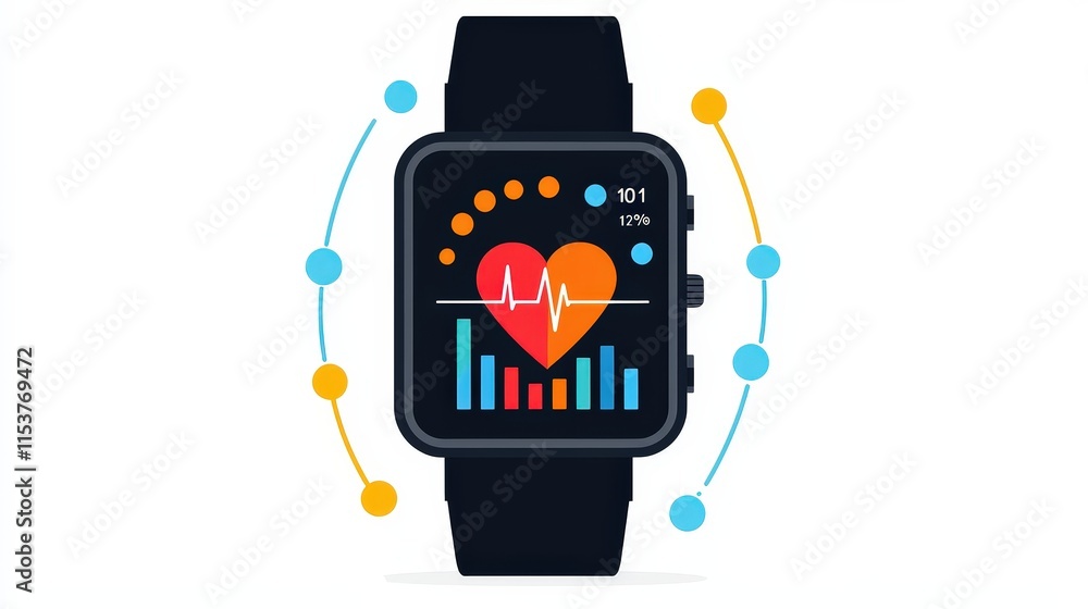 Poster flat design of a smartwatch displaying heart rate data, isolated on white