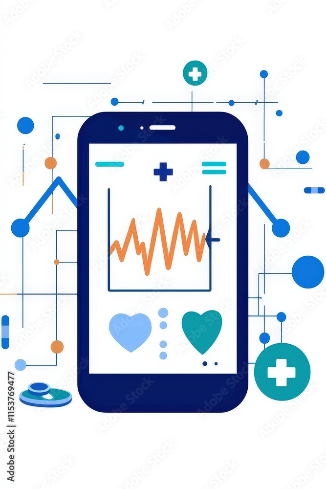 Poster flat design of a smartphone displaying personalized health reports and trends