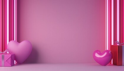 Valentine, Gift, Creative. Romantic pink backdrop with hearts and gifts for celebrations.