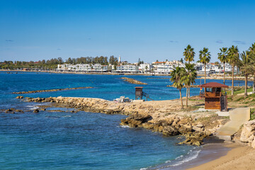 View towards Kato Paphos waterfront from SODAP Beach, Paphos, Cyprus