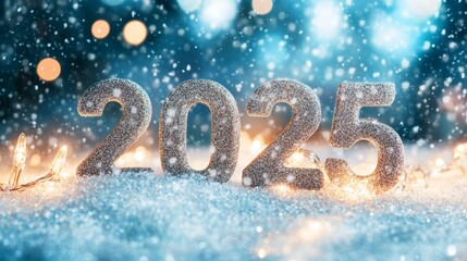 Sparkling numbers announce the arrival of a new year in a winter wonderland