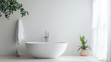 Fototapeta premium Modern Minimalist Bathroom with Freestanding Bathtub and Greenery for Relaxation and Serenity