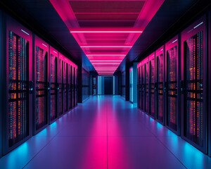 Fototapeta premium Futuristic Data Center Interior with Neon Lights and Server Racks