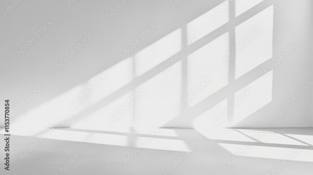Poster bright sunlight casting shadows on empty indoor space with white walls and minimalistic design