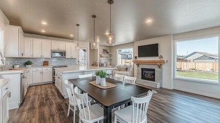 Bright, open-concept kitchen and dining area with fireplace, hardwood floors, and large windows.
