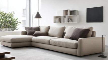 Fototapeta premium contemporary living room interior with minimalist design featuring clean white walls and comfortable beige sofa