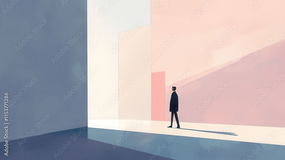 Poster minimalist landscape with figure walking in abstract space and soft color palette for potential crea