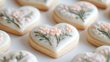 Elegant heart-shaped cookies with intricate floral decorations for weddings, Valentine’s Day, bridal showers, and events