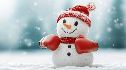 Fototapeta premium Cheerful snowman in red boxing gloves and hat.