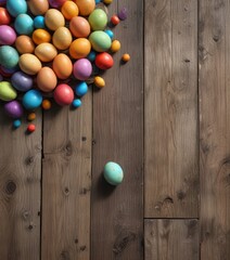 Obraz premium Brightly colored eggs scattered on weathered wood planks , bright, still life, holiday