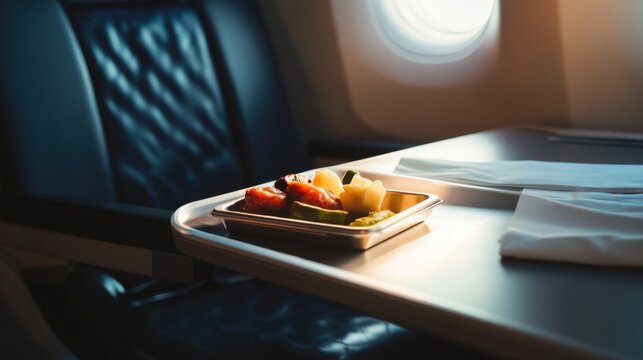 First-class airplane seat with a tray of food