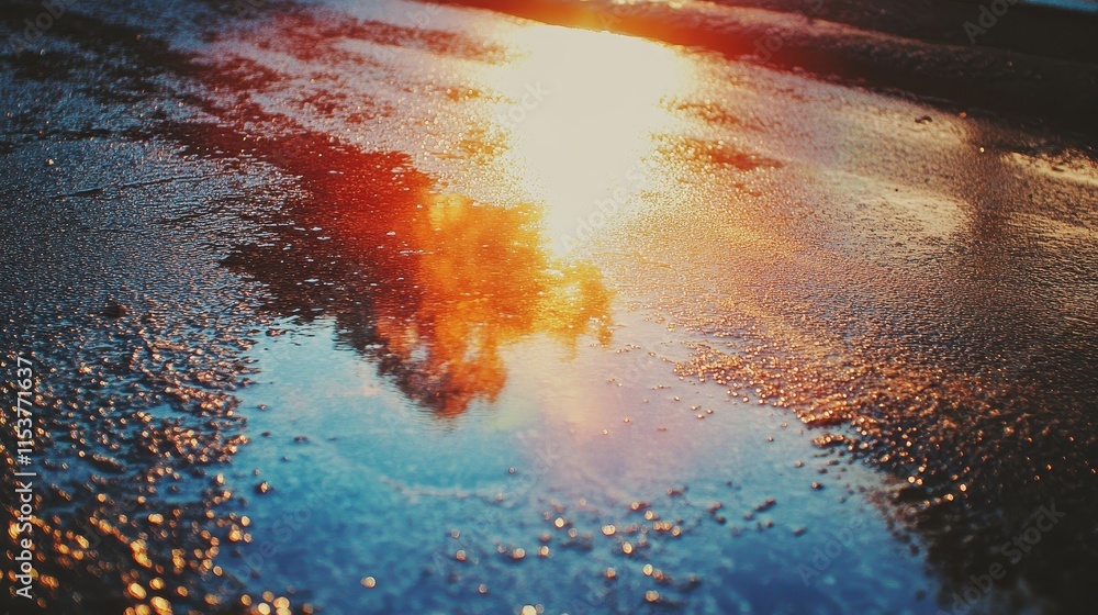 Poster Reflections of a Vibrant Sunset on Wet Pavement Creating Colorful Patterns and Mood in Nature's Canvas