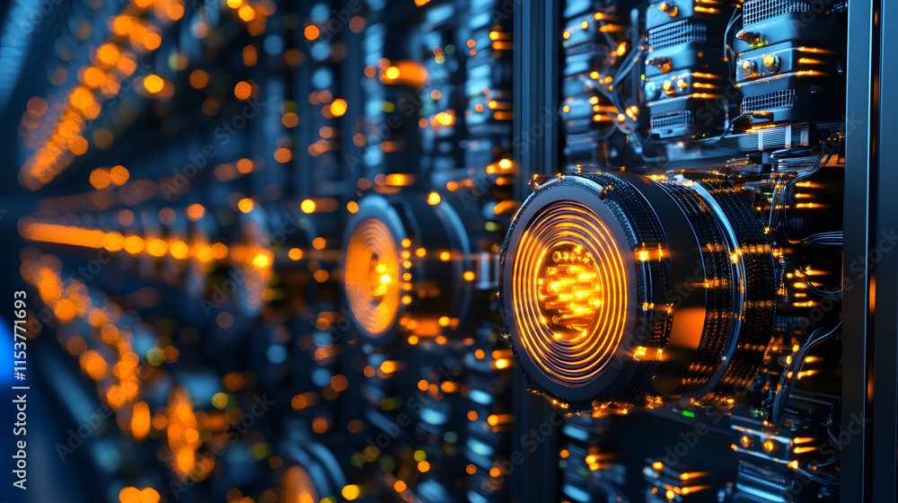 Poster Close-up of illuminated server components in a data center showcasing technology and connectivity