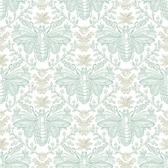 Bee and Floral Seamless Pattern: Elegant Vector Illustration for Fabrics, Wallpapers, and Packaging Design