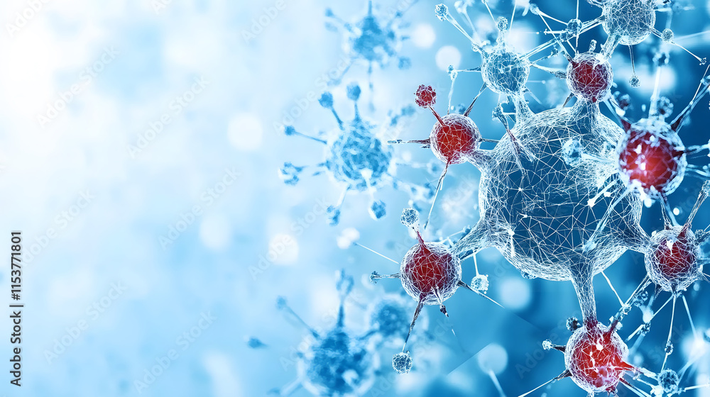 Poster microscopic view of molecular structures in blue tones with red accents