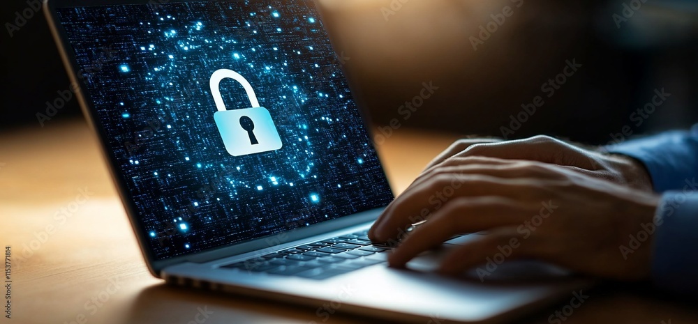 Poster a person typing on a laptop with a digital padlock symbolizing cybersecurity.