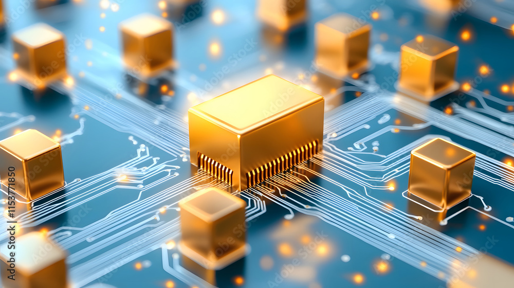 Poster digital circuit board with golden microchips and glowing connections