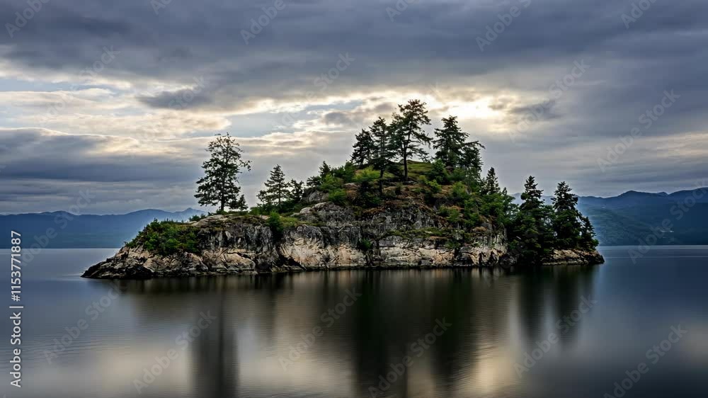 Poster serene island with pine trees reflected in calm waters under a cloudy sky at dusk