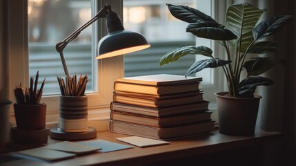 Cozy Workspace with Books and Desk Lamp