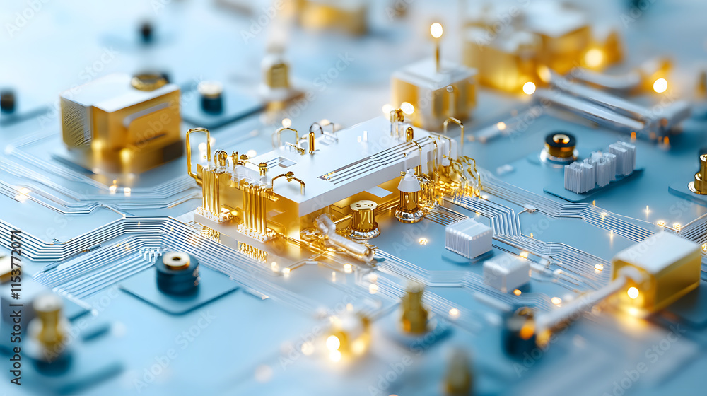 Poster close-up of a circuit board with gold components and glowing details