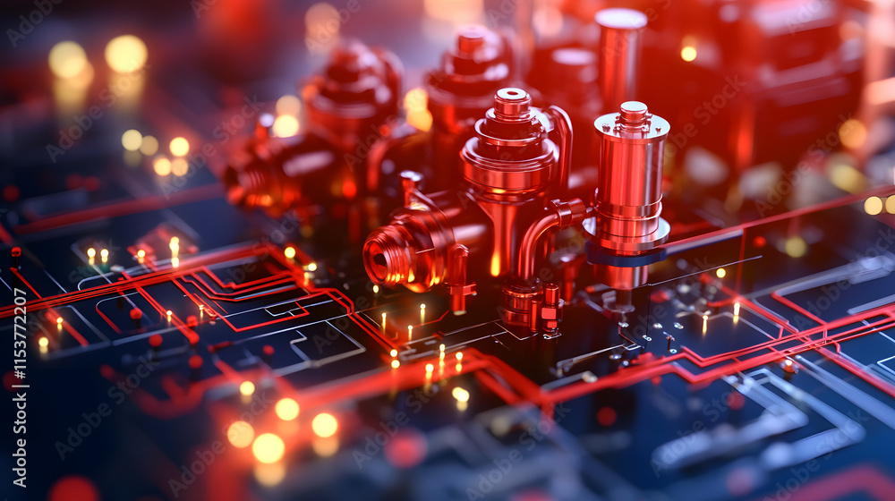 Poster Close-up of a futuristic circuit board with glowing red components and intricate patterns
