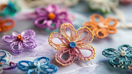 Fototapeta premium International Tatting Day Colorful handcrafted lace flowers for crafts and design inspiration