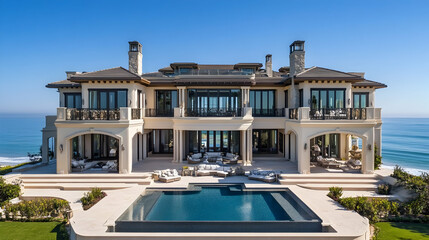 Fototapeta premium Luxurious beachfront mansion in Malibu California with ocean views and an infinity pool