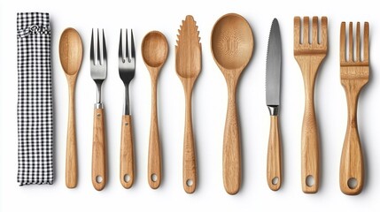 Wooden cooking utensils on white with cloth.
