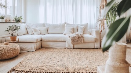 cozy scandinavian living room interior with plush white sectional sofa, natural jute rug, minimalist decor, and soft natural light through large windows