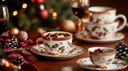 Fototapeta premium National Mulled Wine Day Festive christmas mince pies with holiday decor and ornaments for seasonal celebration