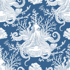 Marine Vector Seamless Pattern Background with Octopuses and Corals, Toile de jouy Vintage Classic Style