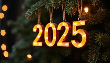 2025 hanging on christmas tree with blurred background