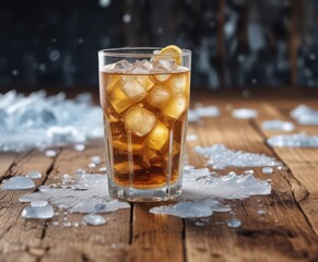 Glass of fizzy drink surrounded by ice and wood ,  beverage,  drink