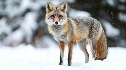 Fototapeta premium curious silver fox in winter wonderland majestic wild canine with gleaming fur coat standing alert against pure white snow, perfect nature photography composition