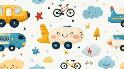 Obraz premium A cheerful transportation-themed illustration featuring smiling trains, airplanes, and bicycles, surrounded by fluffy clouds, colorful road signs, and vibrant trees in soft pastel shades on 