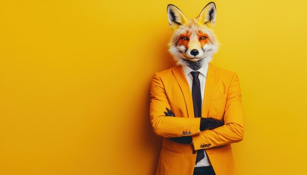 Business fox in orange attire, isolated on a yellow background.